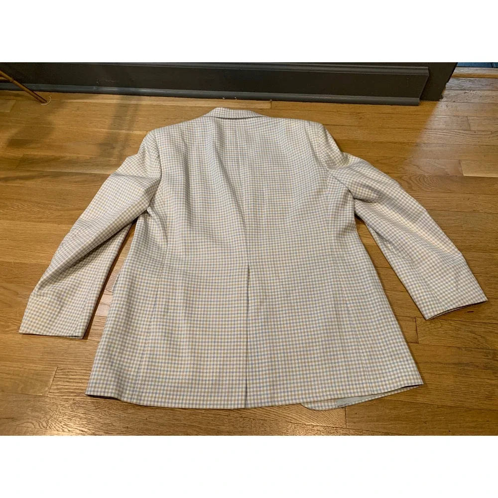 Vtg 70s Sports Coat White Blue Tan Check Plaid Merit Sz 46 Made USA 1/2 Lined